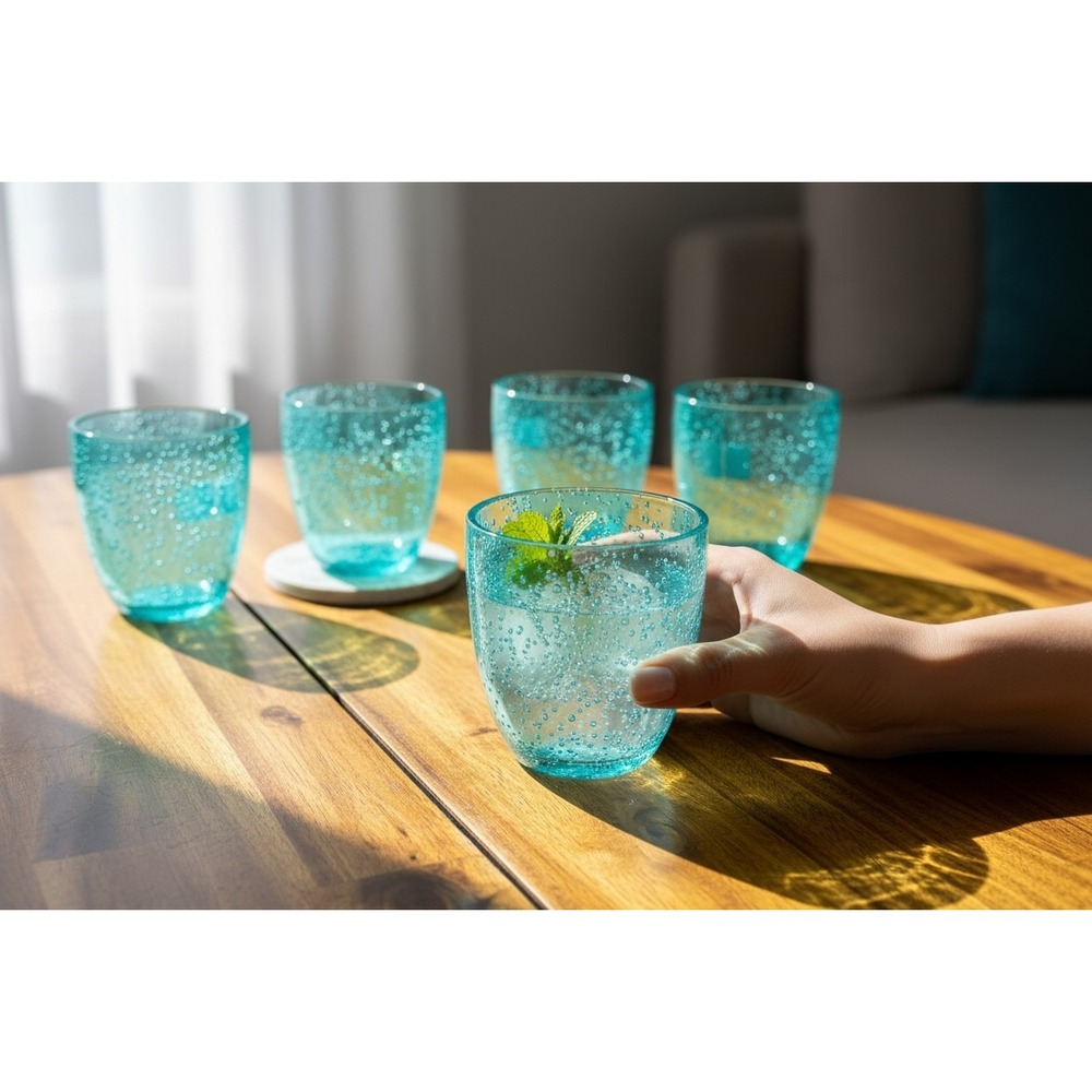Bubble Glass Tumblers Unisex Set of 4 Turquoise Very Good Seeded Glass